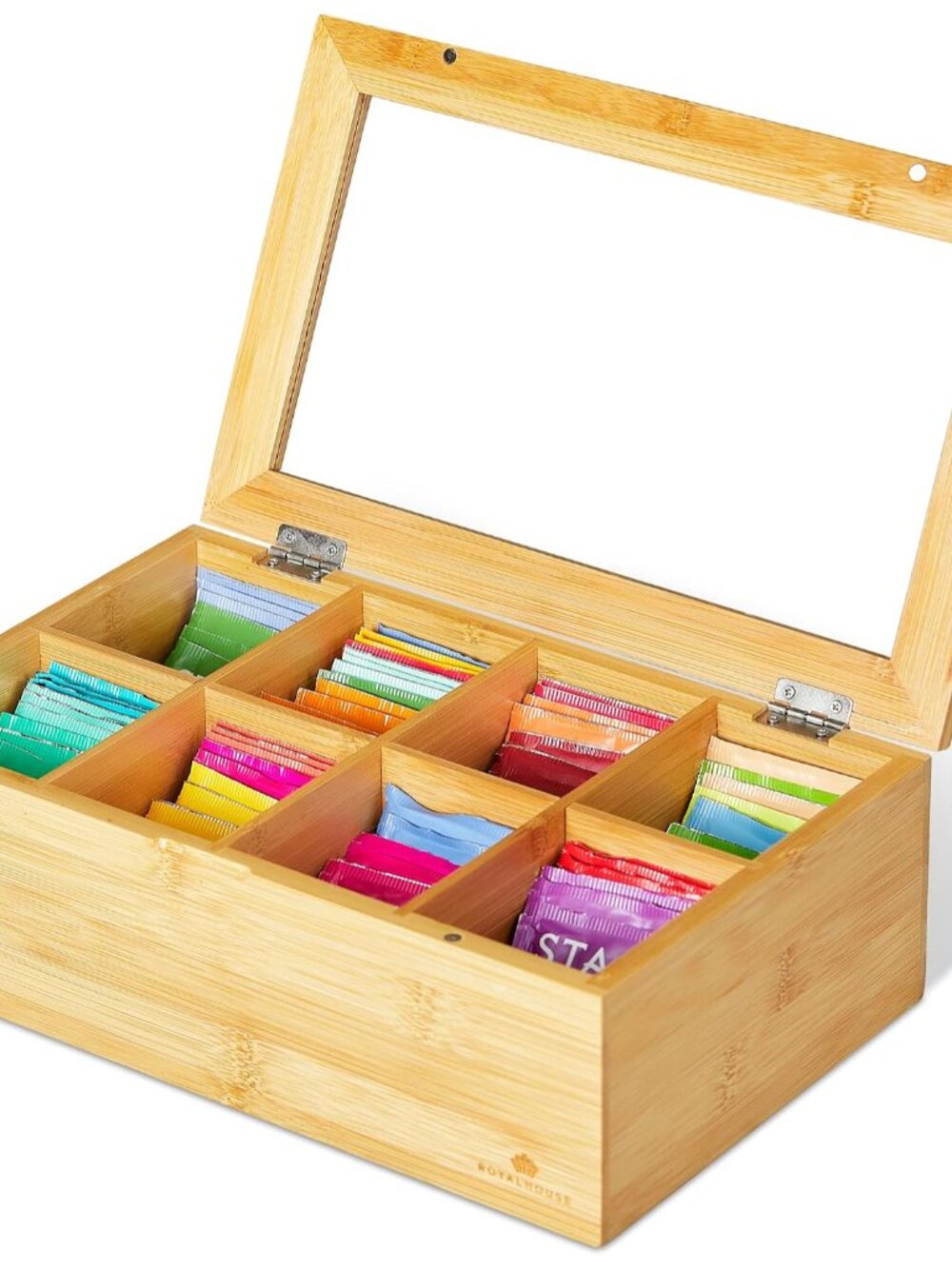 Big Natural Bamboo Tea Storage Organizer, Clear Acrylic Top, 8 Compartments